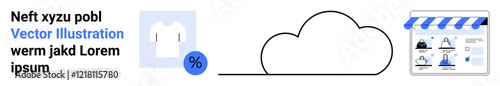 E-commerce platform connecting cloud technology and storefront with discount tag. Ideal for online retail, cloud computing, digital marketing, sales promotions, internet services, website