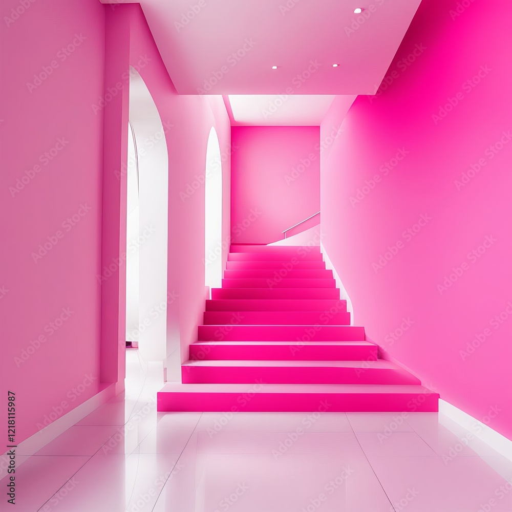 Obraz premium Corridor with pink floor and staircase in a modern indoor setting