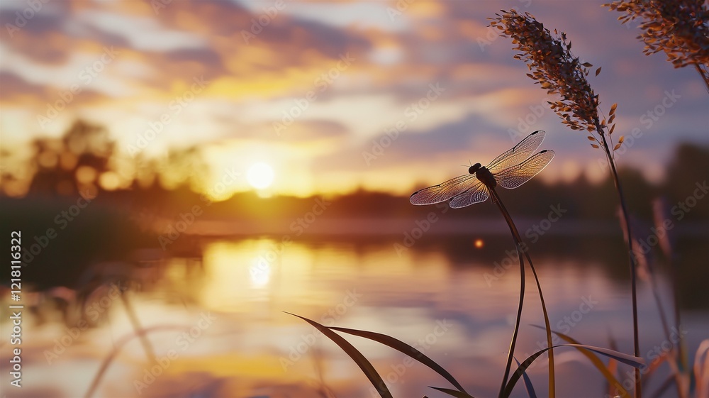 Obraz premium A photorealistic macro view of a dragonfly perched on a reed over a tranquil lake at sunset 