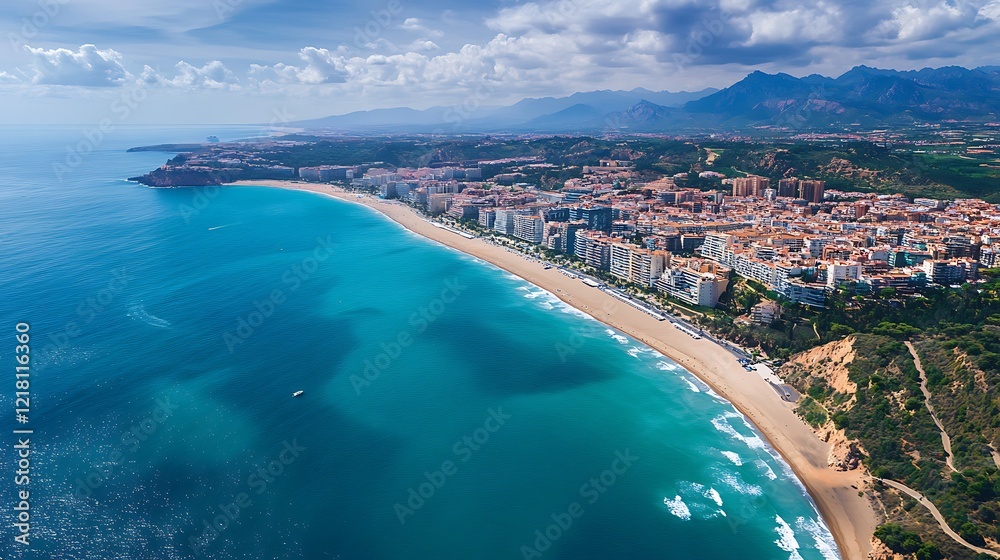 Aerial view of a coastal city with sandy beaches and mountains in the background. Aerial view of a coastal city with sandy beaches and mountains in the background.