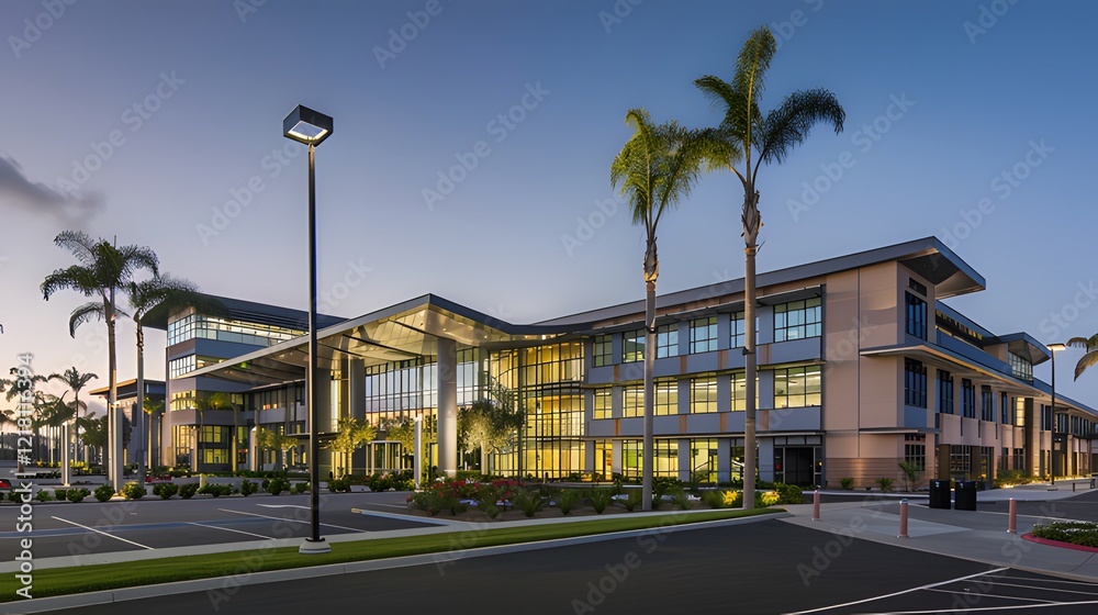 Professional Photograph of Exterior Front and Side View of Modern Office Building in San Diego, California. Dusk Setting Casting Long Shadows on Two-Story Facade with Large Windows Illuminating Interi Professional Photograph of Exterior Front and Side View of Modern Office Building in San Diego, California. Dusk Setting Casting Long Shadows on Two-Story Facade with Large Windows Illuminating Interi