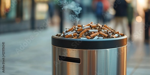 A close-up of a cigarette receptacle in a public place, filled with cigarette butts.