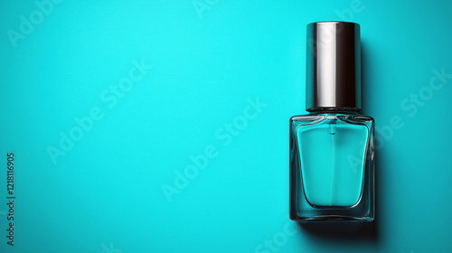 Close-up of a Nail Polish Bottle on a Vibrant Cyan Background: Beauty Product Photography
