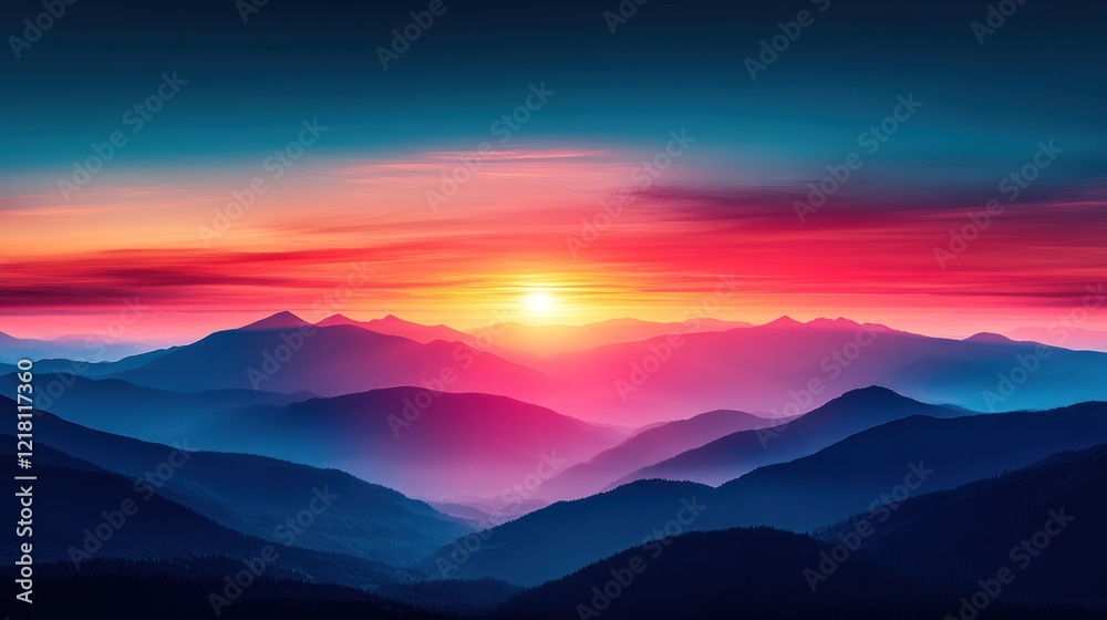 Fototapeta premium Vibrant sunset over layered mountains