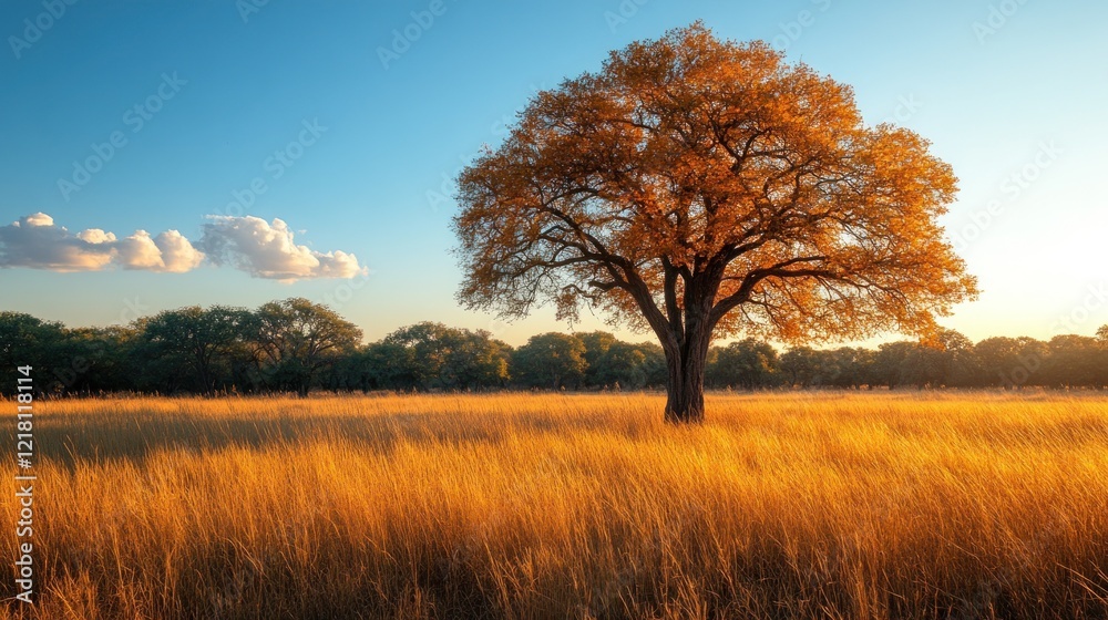 Golden hour savanna landscape with a single tree in a vast golden field with blue sky and clouds Golden hour savanna landscape with a single tree in a vast golden field with blue sky and clouds