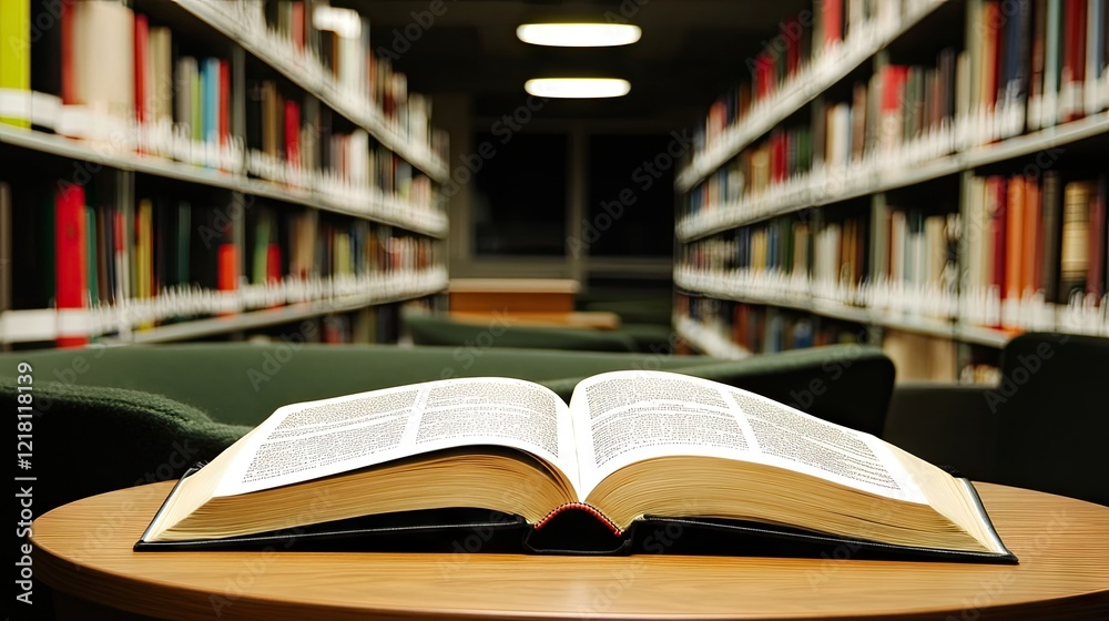 Open book on library table; rows of bookshelves in background; research, education Open book on library table; rows of bookshelves in background; research, education