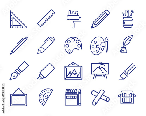 Drawing Kit Icon Pack, a pack of drawing kit icons with blue color and white background, consists of 20 icons.