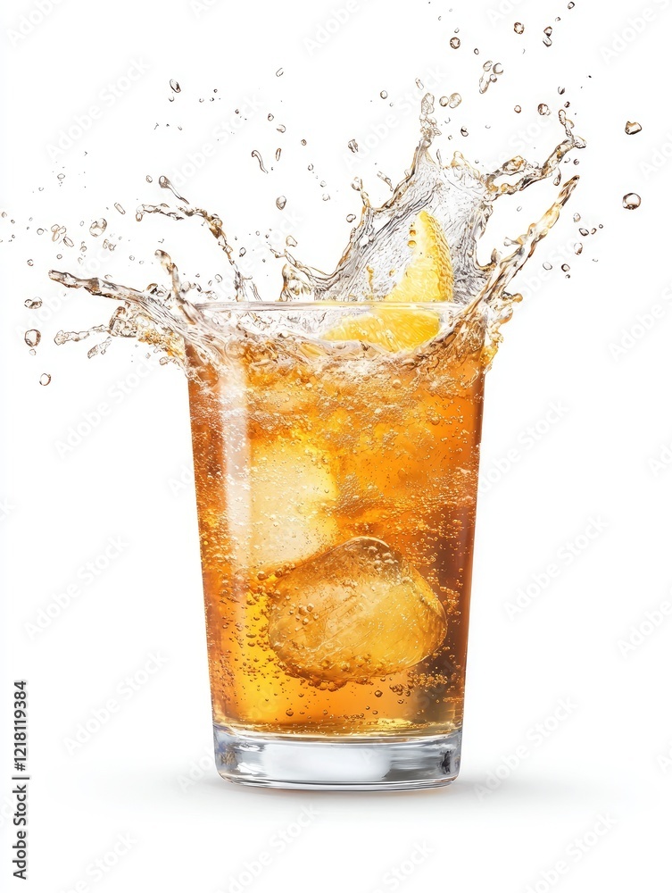 Iced tea splash, lemon, ice cubes, refreshment, summer drink, studio shot, white background, advertising Iced tea splash, lemon, ice cubes, refreshment, summer drink, studio shot, white background, advertising