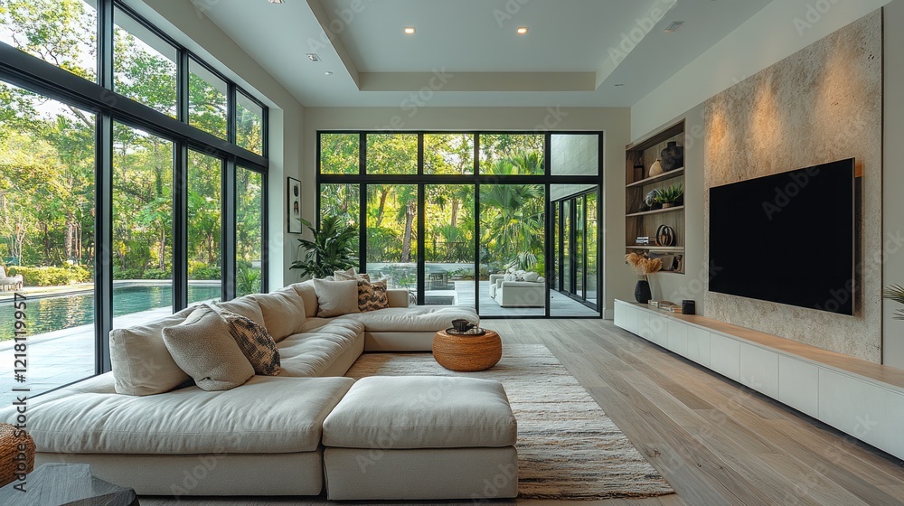 Naklejka premium Modern living room with large windows, sectional sofa, and entertainment center overlooking a pool.