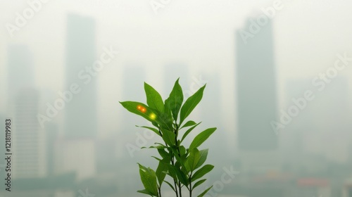 germs pm2.5 concept. Green plant in front of a hazy cityscape background. photo