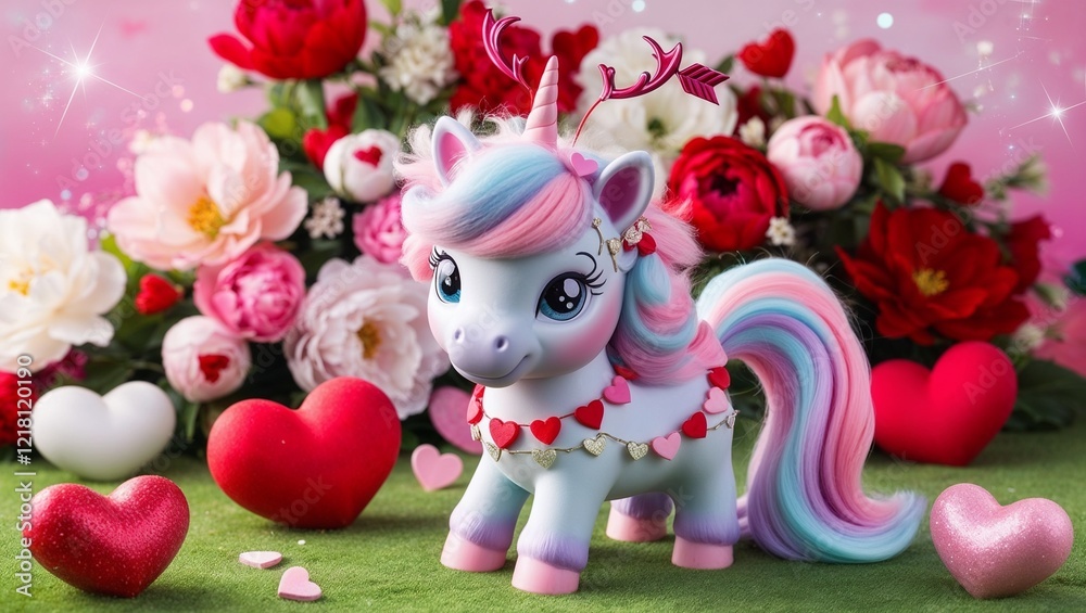 Naklejka premium Cute 3D Pastel Unicorn with Heart Bouquet and Sparkly Bow Tie on Soft Background
