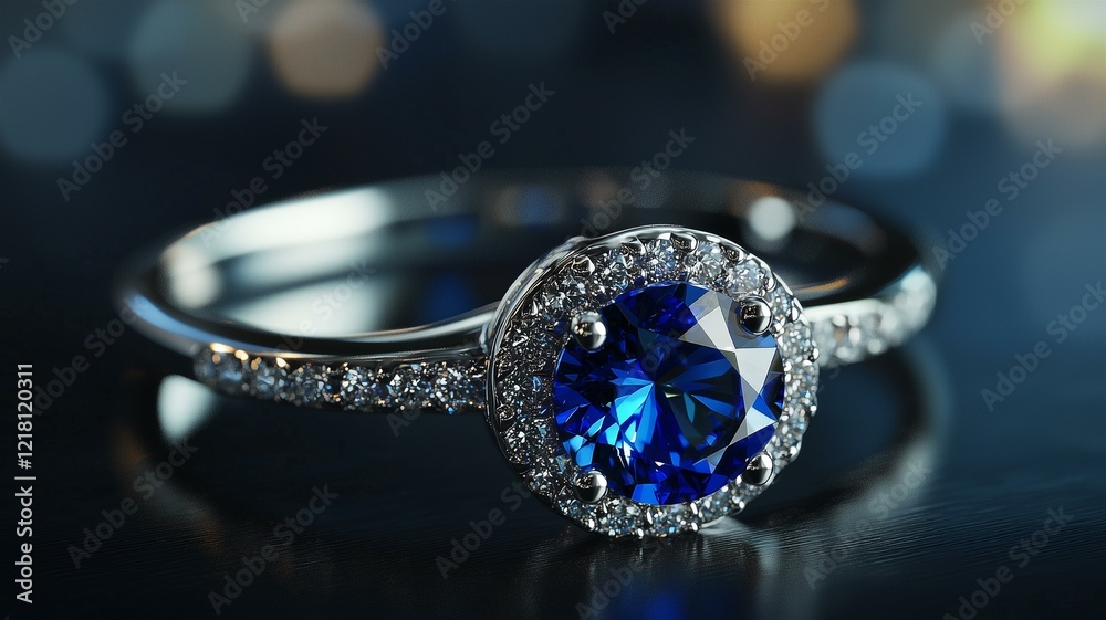 A photorealistic close-up of an elegant silver ring with a blue sapphire centerpiece and diamond accents
