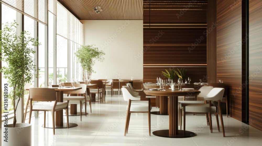 Obraz premium Serene Restaurant Interior Design: Modern Minimalist Wooden Tables and Chairs with Large Windows