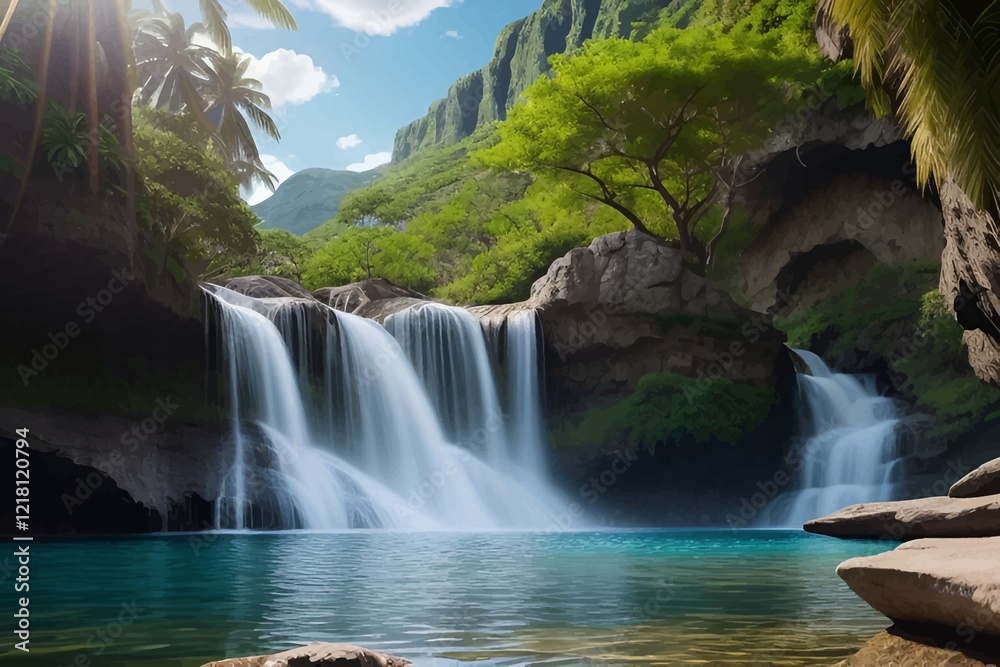 Fototapeta premium Beautiful and Peaceful Nature Scenery Illustration Landscape Countryside Tranquil Vibrant and Colorful