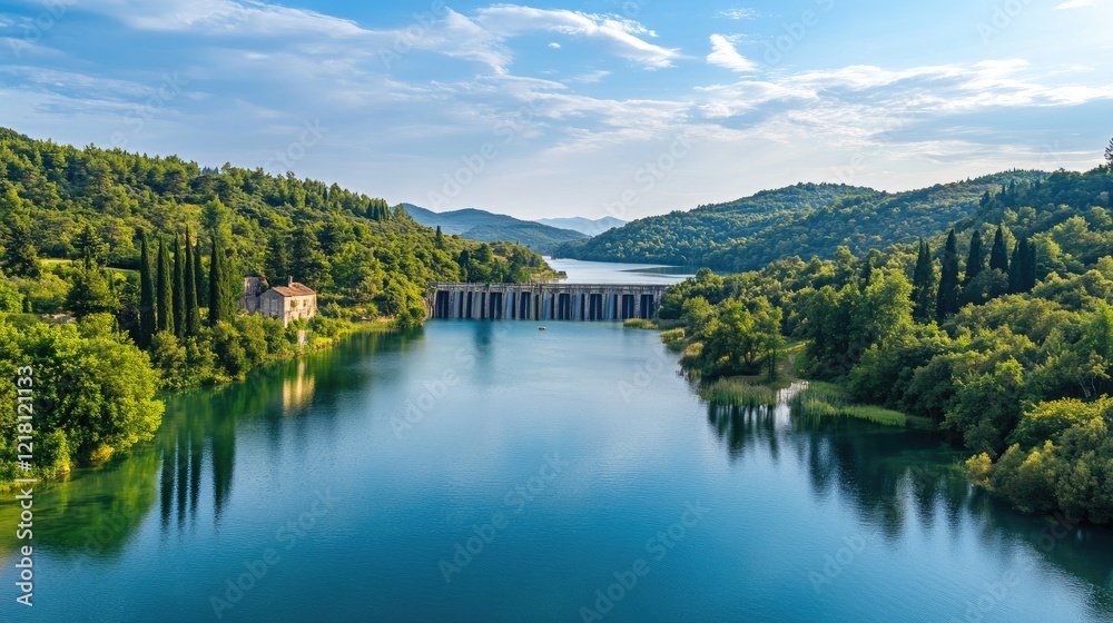 A breathtaking view of a hydroelectric dam generating sustainable energy, surrounded by lush greenery and tranquil waters, illustrating eco-friendly energy solutions for communities A breathtaking view of a hydroelectric dam generating sustainable energy, surrounded by lush greenery and tranquil waters, illustrating eco-friendly energy solutions for communities