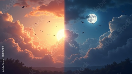 divided into two halves a different time of day half represents daytime warm sky orange pink hues fluffy clouds bright sun right half represents nighttime cool sky purple hues dark clouds  full moon