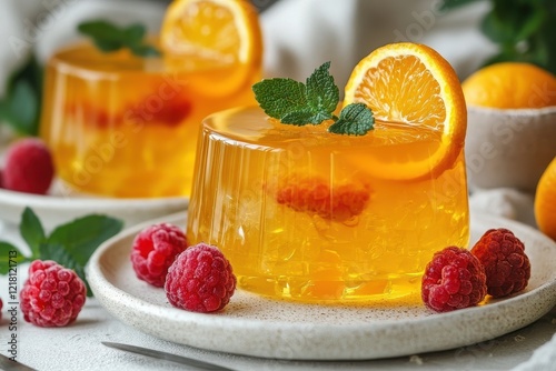 Orange jelly dessert with raspberries and mint garnish. Perfect for summer recipes, blogs, or food websites. photo