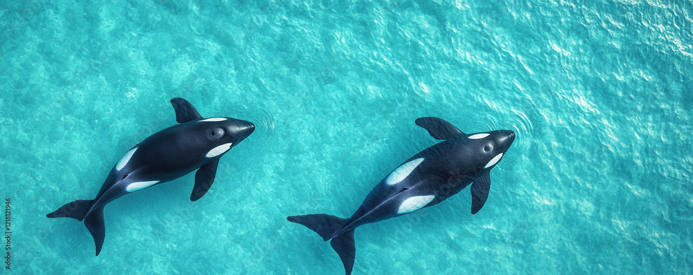Orcas swimming in clear blue water, showcasing their distinctive black and white patterns Orcas swimming in clear blue water, showcasing their distinctive black and white patterns