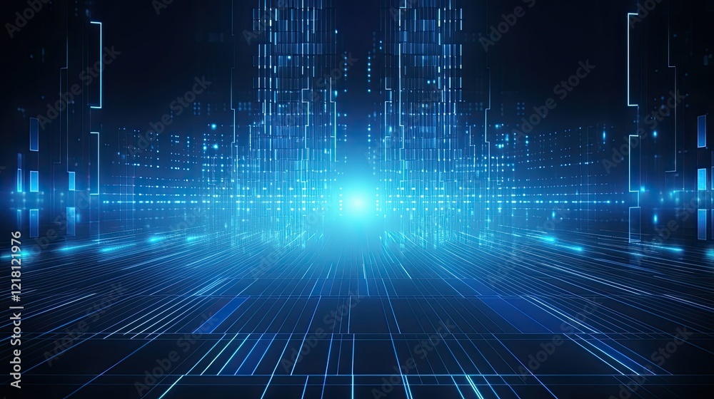 A futuristic digital landscape with glowing blue lines and data streams.
