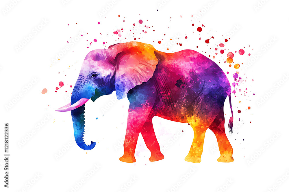 Obraz premium A colorful watercolor illustration of an elephant with vibrant splashes in the background.