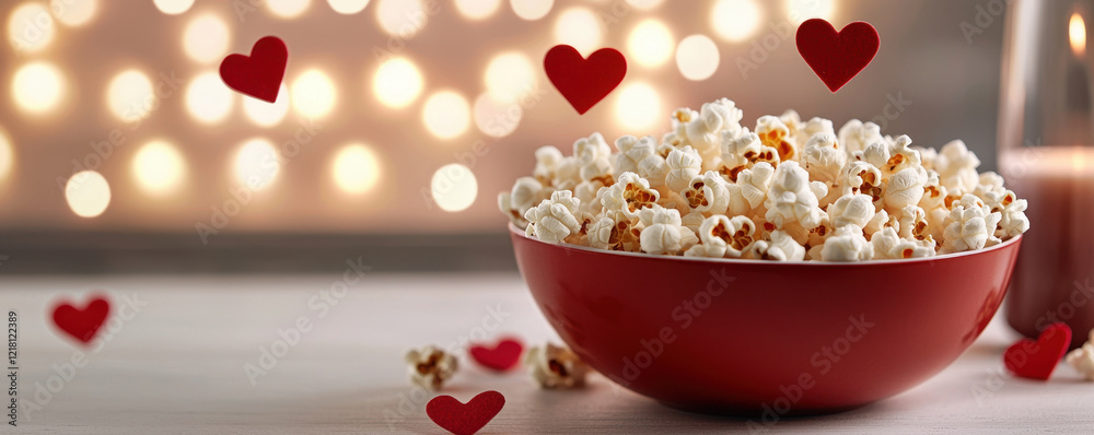 bowl of popcorn with heart decorations, perfect for romantic movie night bowl of popcorn with heart decorations, perfect for romantic movie night