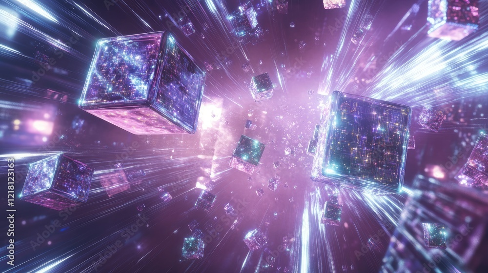 A conceptual 3D image of AI data cubes and spheres floating in a digital space, interconnected by light beams, illustrating the power of modern AI systems A conceptual 3D image of AI data cubes and spheres floating in a digital space, interconnected by light beams, illustrating the power of modern AI systems
