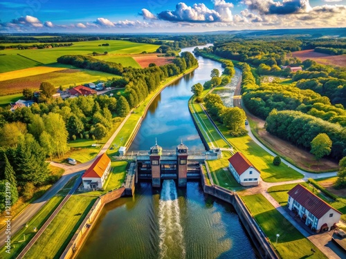 Aerial drone photography captures the Hagestein Sluices' beauty, a high-resolution image of the Dutch countryside. photo