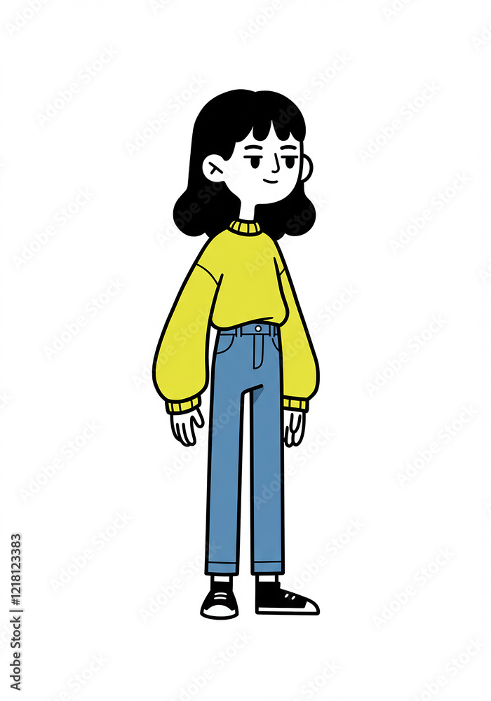 Stylish Cartoon Girl in Yellow Sweater and Blue Jeans Flat Illustration Stylish Cartoon Girl in Yellow Sweater and Blue Jeans Flat Illustration