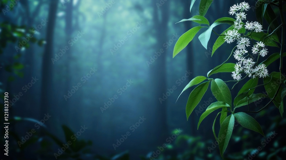 Obraz premium Misty Forest with White Blossoms