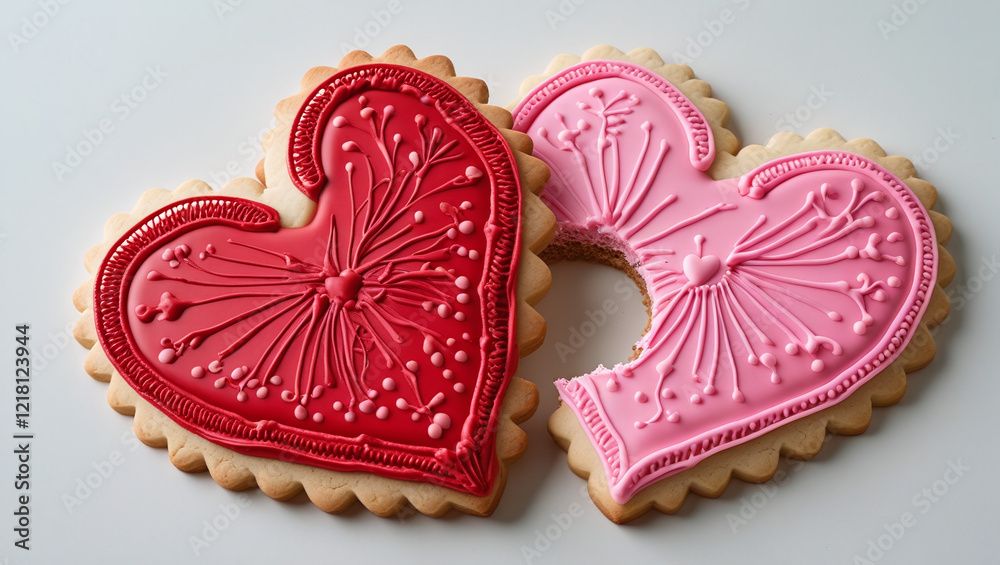 A pair of heart-shaped cookies, one decorated with red icing and the other with pink, PNG file A pair of heart-shaped cookies, one decorated with red icing and the other with pink, PNG file