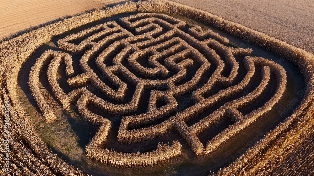 Aerial view of autumn corn maze in field Aerial view of autumn corn maze in field
