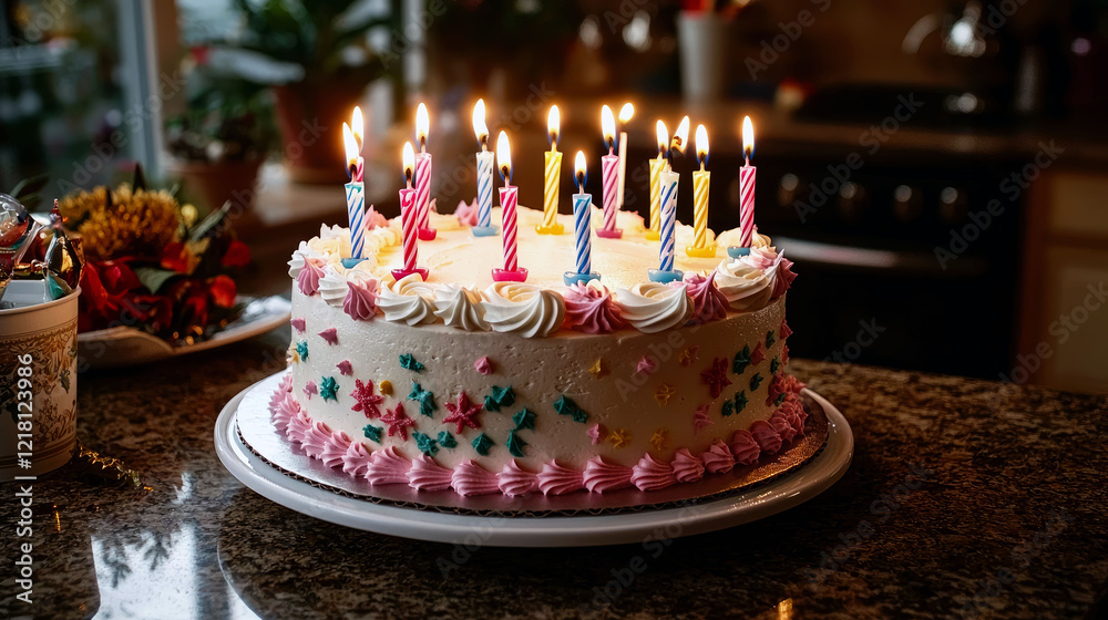Scrumptious Birthday Cake with Burning Candles: A Sweet Celebration Scrumptious Birthday Cake with Burning Candles: A Sweet Celebration