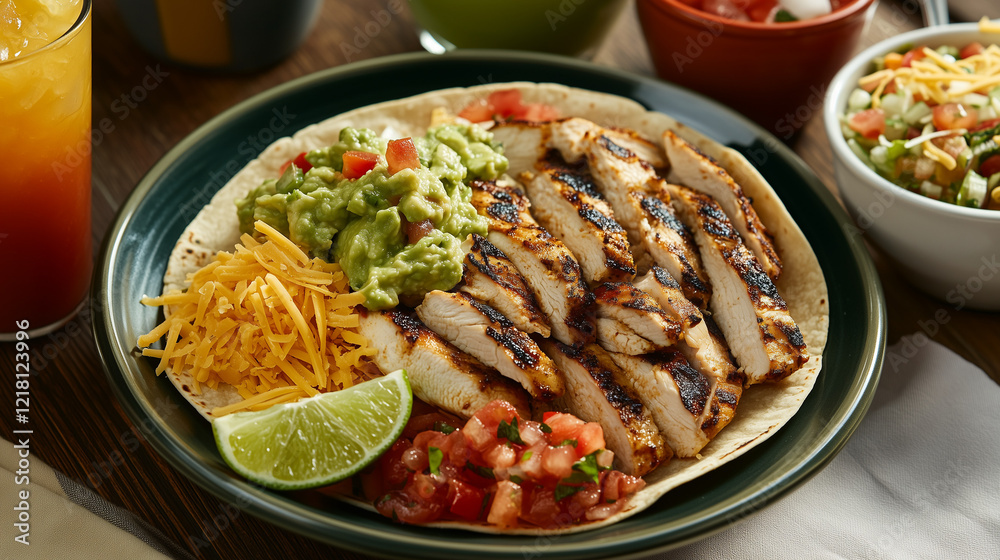 A food photo in a light and airy style features a chicken taco with lime, pico de gallo, guacamole, and shredded cheese, in a dark teal shallow bowl.