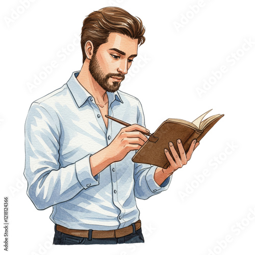 Handsome Man Writing in Notebook Stylish Brown Leather Journal pen art work beard style paper manly  photo