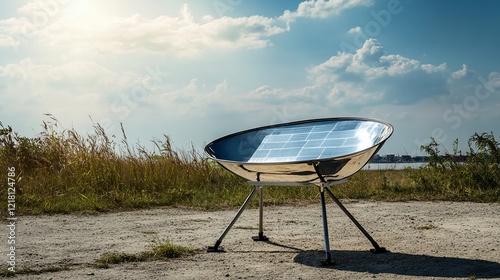 Solar cooker outdoors, sunny day, coastal background, energy