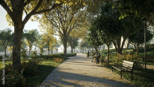 A peaceful city park with a walking path, trees, and benches, photorealistic urban setting
 photo