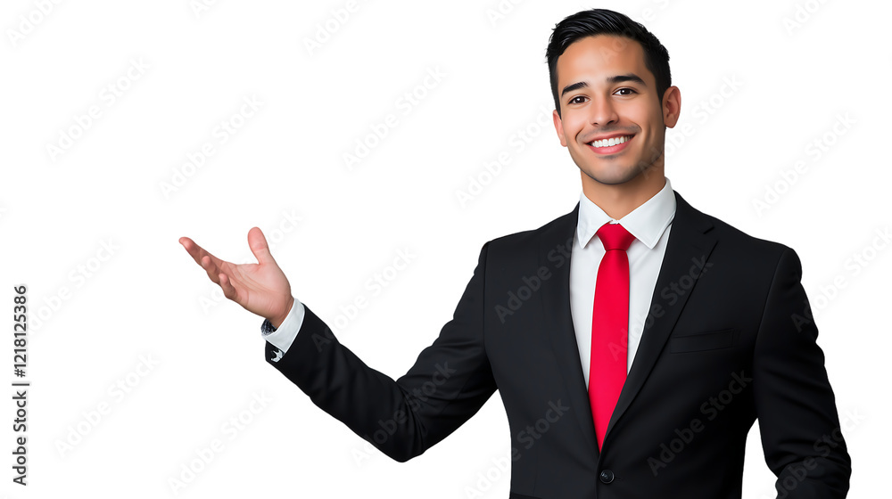 Smiling Businessman in Suit, Presenting, Red Tie, Gesture, Professional isolated on transparent background Smiling Businessman in Suit, Presenting, Red Tie, Gesture, Professional isolated on transparent background