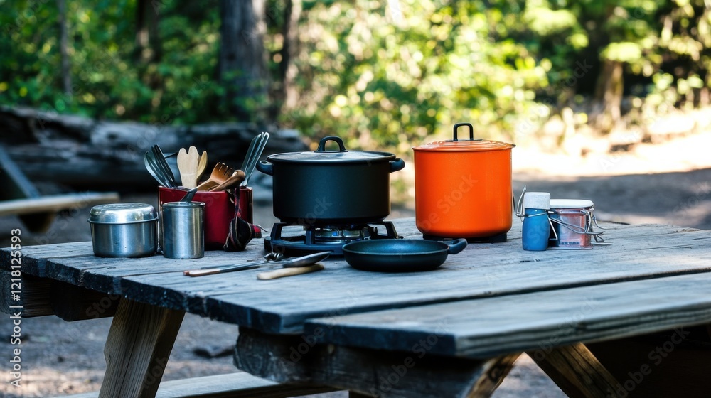 Minimalist camping stove setup with pots, pans, and utensils on a clean picnic table, emphasizing outdoor cooking preparation. Ideal for outdoor and camping content. Minimalist camping stove setup with pots, pans, and utensils on a clean picnic table, emphasizing outdoor cooking preparation. Ideal for outdoor and camping content.