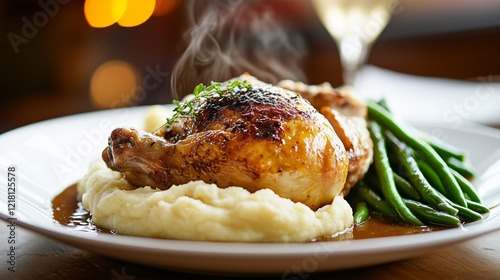 A close up shot of a roast chicken, atop mashed potatoes with string beans, suitable for a meal.