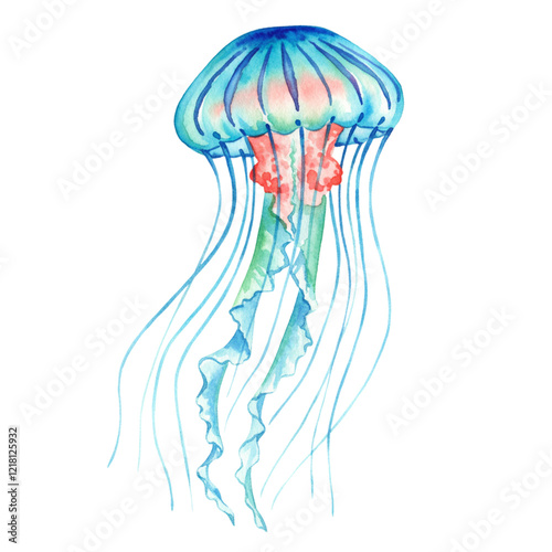 Vibrant Blue Jellyfish Watercolor Painting Ocean Sea Life Art Pink Green Retro Marine Animal Nature  photo