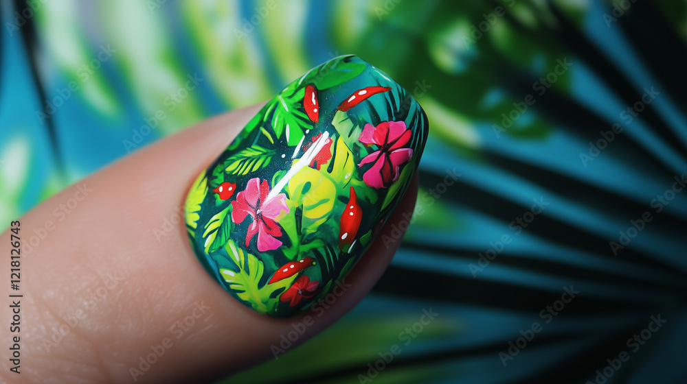 A close-up of a thumbnail image shows a fingernail painted with a tropical leaf and flower design. A close-up of a thumbnail image shows a fingernail painted with a tropical leaf and flower design.