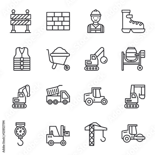 A set of construction-related icons, including a man in a hard hat, a truck