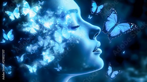 Ethereal Woman Surrounded by Glowing Butterflies in a Dreamlike Blue Atmosphere