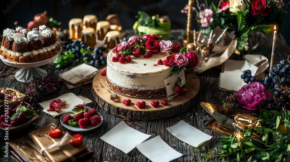 Rustic birthday celebration with elegant cake intimate setting food display floral arrangement warm ambiance Rustic birthday celebration with elegant cake intimate setting food display floral arrangement warm ambiance
