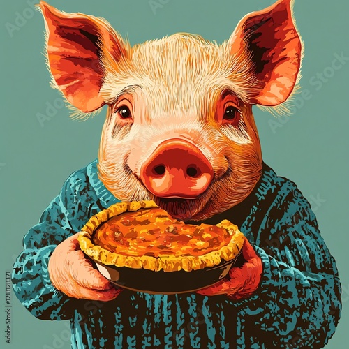 A cute pig holding a pie, wearing a sweater against a colorful background. photo