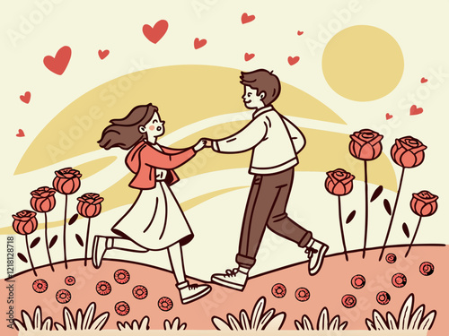 Romantic Valentine's Day Vector of a Couple Holding Hands in a Flowery Landscape