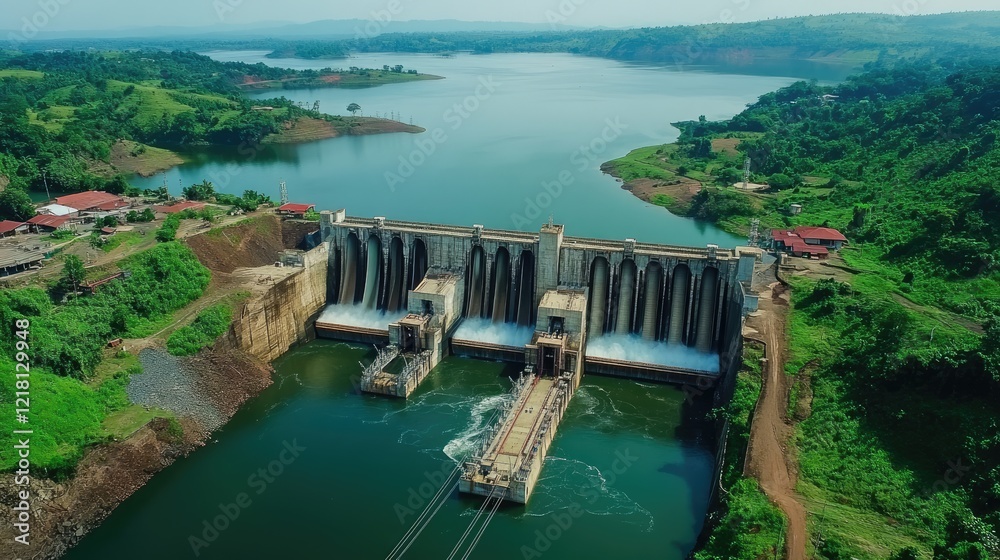 A powerful hydroelectric dam set against a backdrop of vibrant greenery and serene waters, demonstrating the role of renewable energy in supporting sustainable communities A powerful hydroelectric dam set against a backdrop of vibrant greenery and serene waters, demonstrating the role of renewable energy in supporting sustainable communities