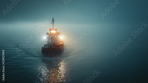 Cargo Ship Sailing Through Misty Ocean at Dusk Mysterious and Powerful Industrial Transportation in Serene Landscape