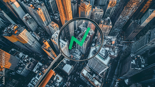 A magnifying glass over an urban cityscape, with a green arrow pointing upwards to symbolize growth and development in the real estate market. The background is filled with tall buildings, representin photo