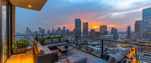 Modern rooftop terrace overlooking city skyline at sunset.
